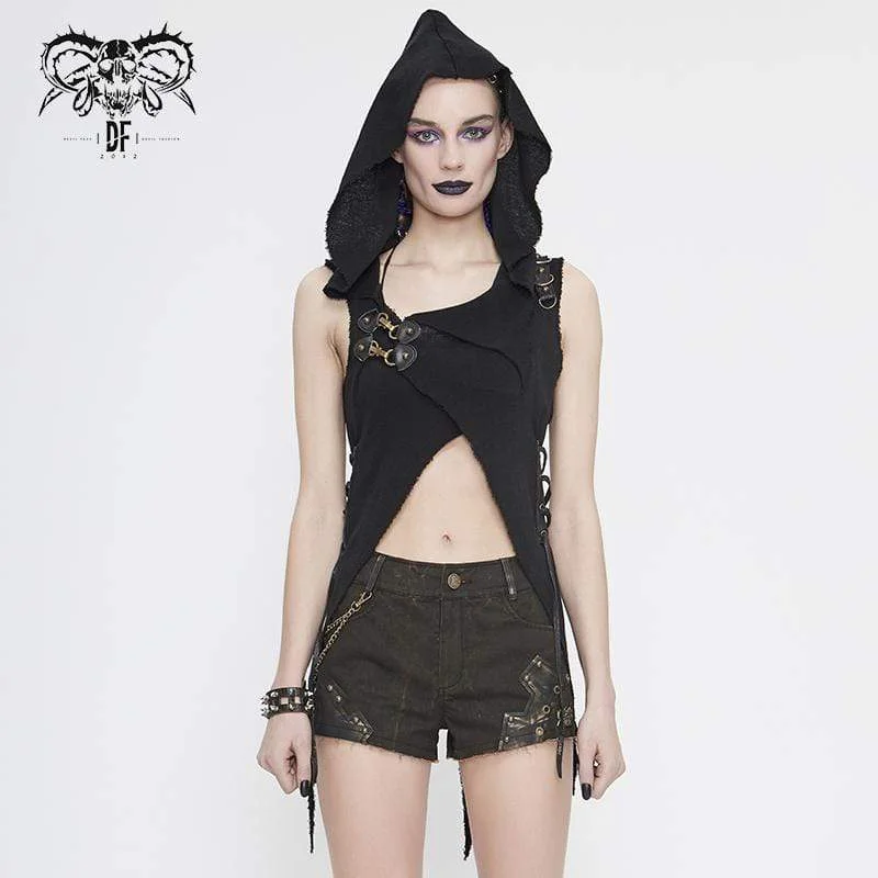 Women's Gothic Asymmetrical Cross Over Hooded Sleeveless Tops