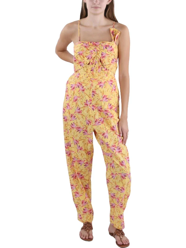 Banana Sunshine Bow Womens Floral Print Gathered Jumpsuit