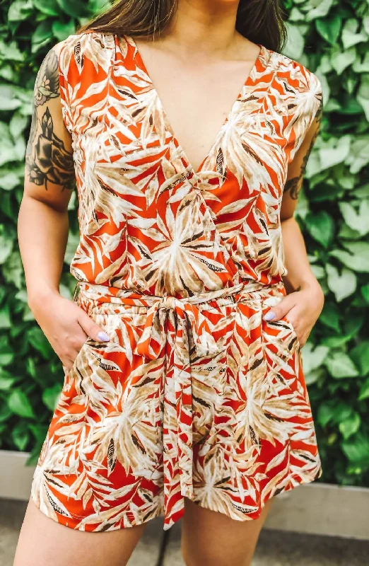 Donna Romper In Rust Palm Print