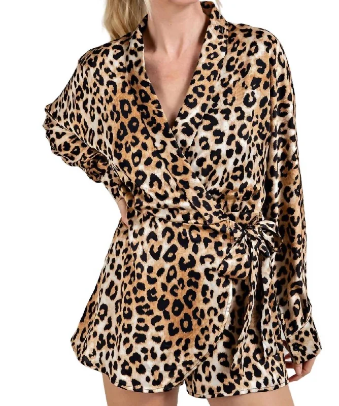 Long Sleeve Wrap Romper In Leopard Print Satin