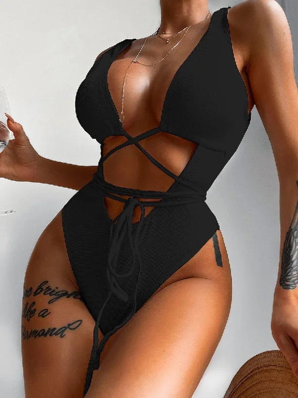 GFIT® New Sexy One Piece Solid Cross Straps Swimsuit