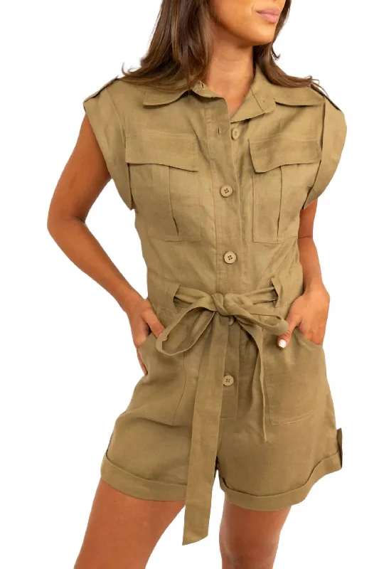 Poe Safari Linen Romper In Olive Green