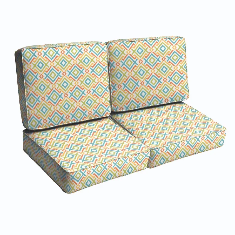 Blue Green Geometric Indoor/ Outdoor Corded Loveseat Cushion Set