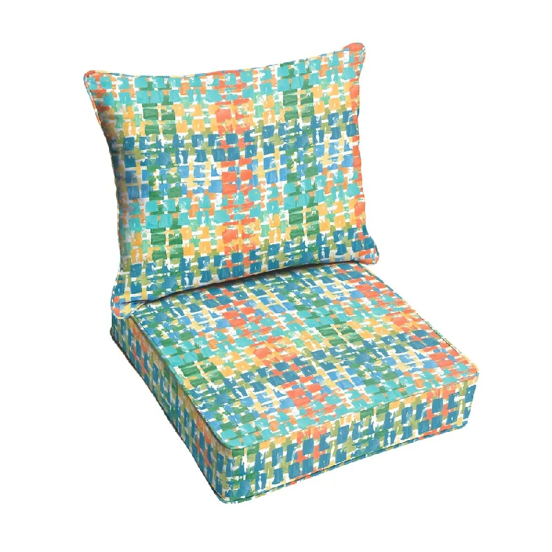 Blue Green Squares Indoor/ Outdoor Corded Chair Cushion And Pillow Set