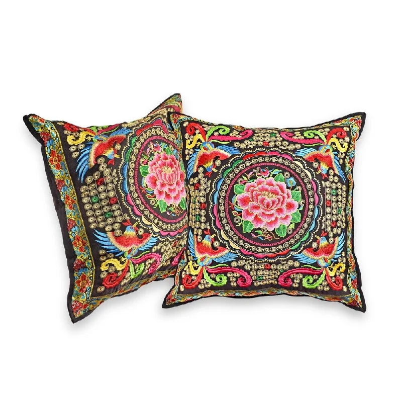 Handmade Birds and Peony Hilltribe Embroidery Floral Throw Pillow Cover Set (Thailand)