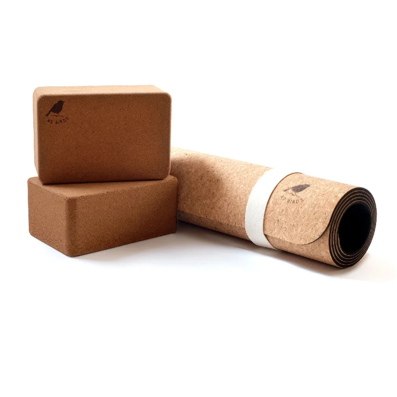 Cork Extra Long Yoga Mat and Two-Block Bundle